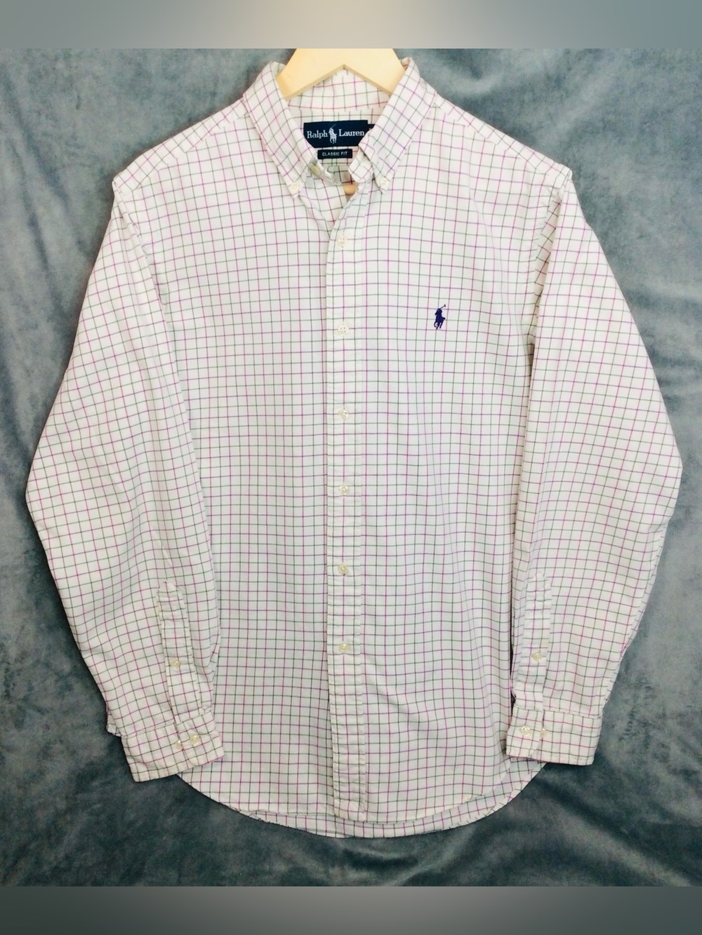 Ralph Lauren Classic Fit White Button-Down Shirt with Pink & Green Windowpane